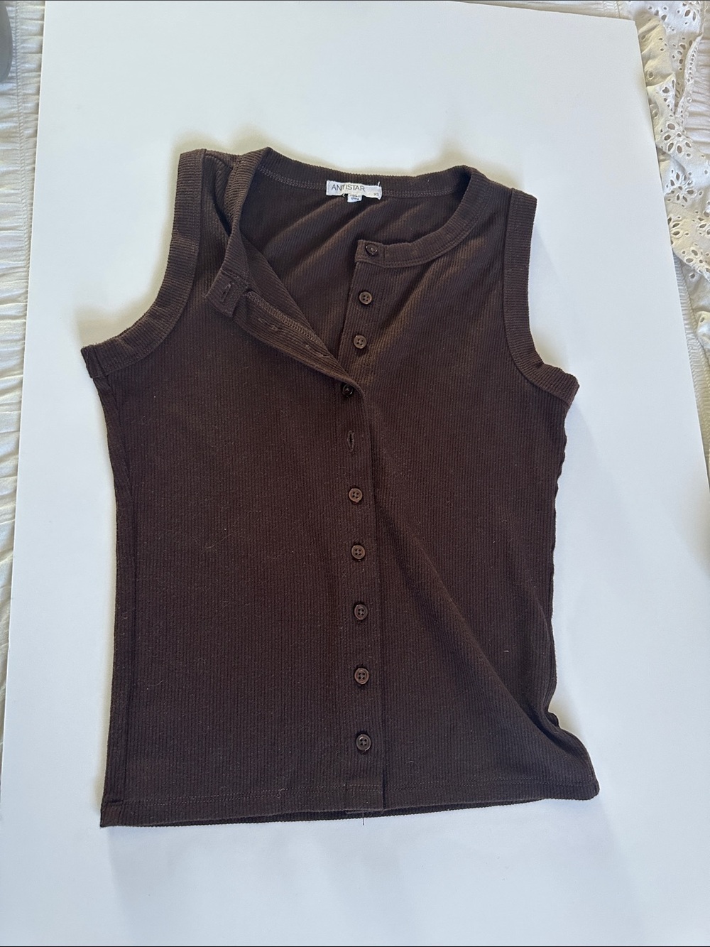 Sleeveless Brown Ribbed Button-Front Tank Top